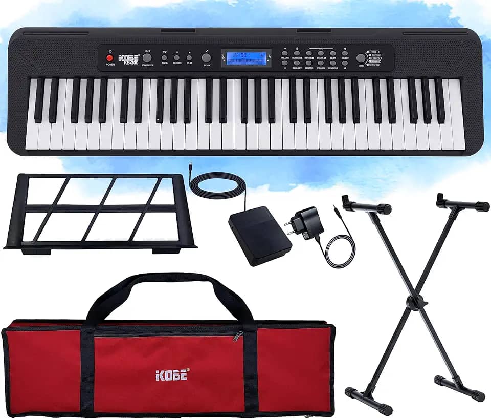 Kit Teclado Musical Digital Kobe KB-300 5/8 61 Teclas Sensíveis ao Toque com Pedal Sustain Capa e Estante