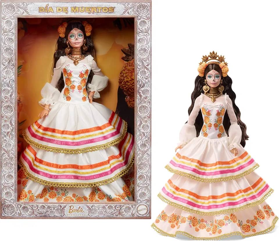 Barbie Boneca Signature Día De Muertos 2025 boneco colecionável com babados creme com flores estudantis e laços, coroa de flores no cabelo e pintura facial Calavera, JBJ05