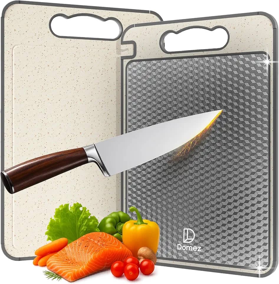 DOMEZ Tábua de Corte Inox para Cozinha Dupla Face Aço Inoxidável e PP, Superfície Higiênica para Carnes e Vegetais, Afiador Integrado, Canaletas Antirrespingo, Base Antiderrapante e Alça Ergonômica