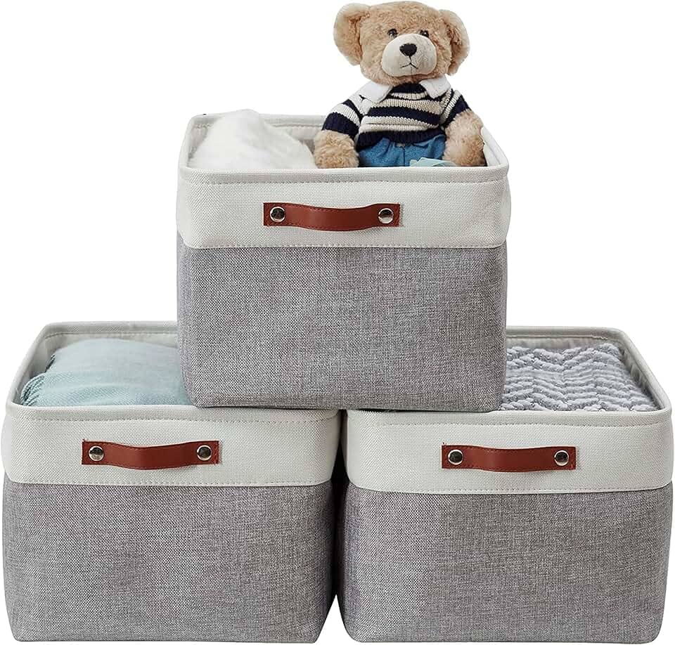 Caixa Cesto Organizador de Tecido Linho Dobrável Cinza com Alça Couro Ecológico (45x35x25cm)