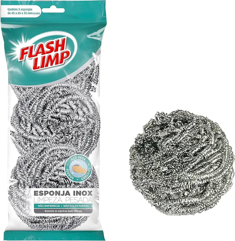 Flash Limp - Pack com 3 Esponjas Aço inox para Limpeza Pesada Ferro e Grelha - E3A4821