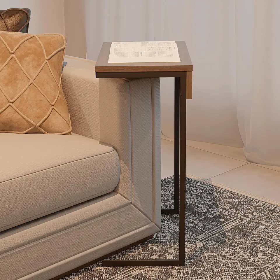 Mesa de Apoio Lateral Sofá Notebook Aço Madeira Canto Leitura Cabeceira Sala Preta Nogueira Pliar