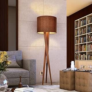 Luminaria Chão Abajur Pes De Madeira Tripe Madeira Retrô Luxo Cúpula Tecido Marrom