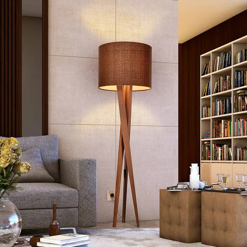 Luminaria Chão Abajur Pes De Madeira Tripe Madeira Retrô Luxo Cúpula Tecido Marrom