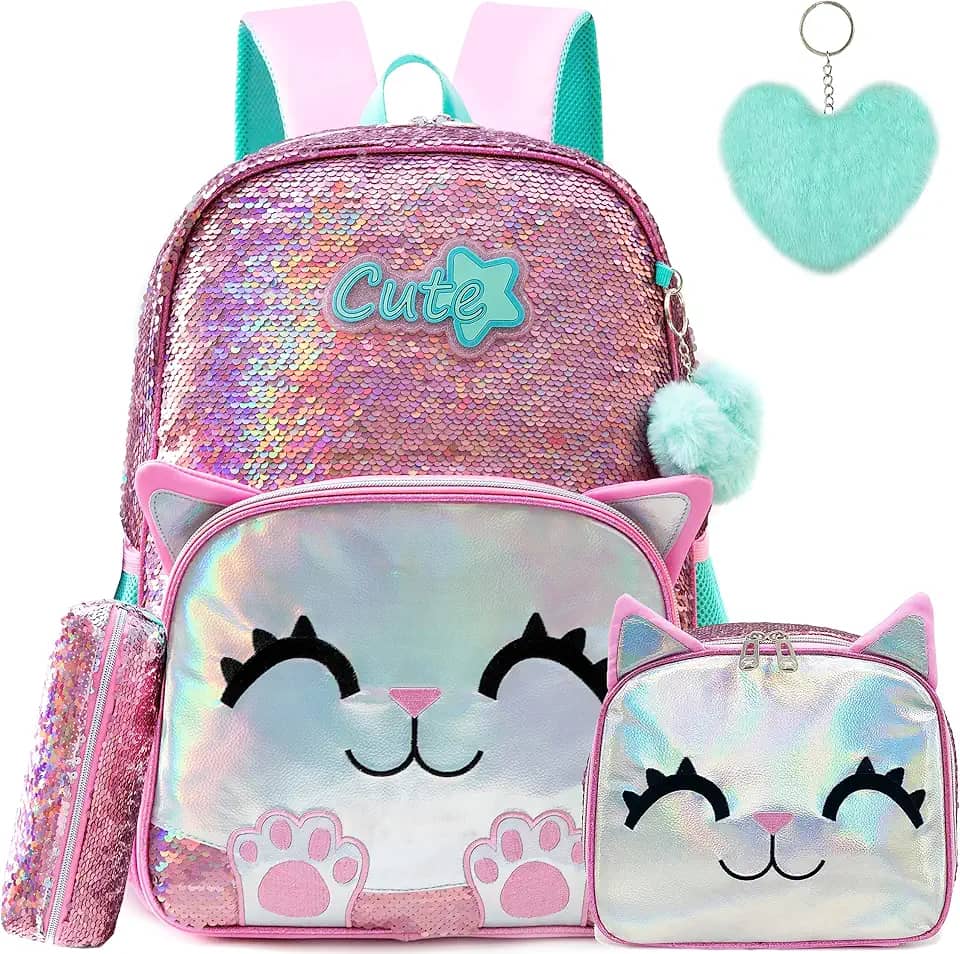 Mochila escolar fofa Meetbelify para meninas, mochila infantil com lantejoulas, para ensino fundamental, Clássico