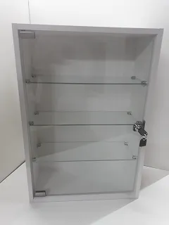Vitrine Expositora em MDF Branca, com Prateleiras de Vidro e Fechadura, 20 x 44 x 64 cm