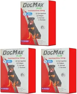 DogMax Plus - Ação 4 em 1 - Remédio para pulgas, carrapatos, vermes e sarna 12 Comprimidos 60kg