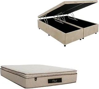 Cama Box Baú Bipartida Blindada com Colchão Cloud Molas Ensacadas C/Pillowtop 32cm (SUEDE BEGE, Queen)