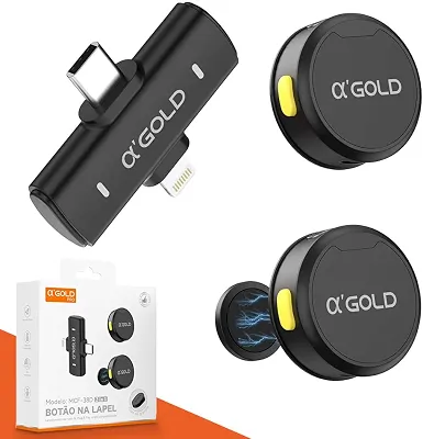 Microfone de Lapela Sem Fio Bluetooth Kit 2 Microfonones Abafamento de Ruído Até 10 Horas Tempo de Trabalho Compatível com Camera, iPhone, Android, PC - Conexão Android e USB-C - Linha AGold Premium