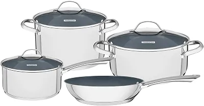 Jogo de Panelas Tramontina Una Ceramic em Aço Inox Fundo Triplo com Revestimento Interno Cerâmico Grafite 4 Peças