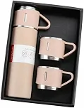 Kit Garrafa Termica Inox Isolada a Vacuo Parede Dupla Com Tampa Caneca e 2 Canecas 500ML Para Quente Gelado (Kit Rosa)