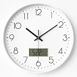 Relógio de Parede Silencioso 30cm | Analógico Moderno Minimalista com Números em Relevo, Painel LCD Data e Temperatura, Silencioso Sem Tique-Taque | Para Sala Escritório Cozinha Quarto (BRANCO)