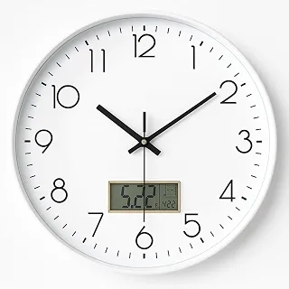 Relógio de Parede Silencioso 30cm | Analógico Moderno Minimalista com Números em Relevo, Painel LCD Data e Temperatura, Silencioso Sem Tique-Taque | Para Sala Escritório Cozinha Quarto (BRANCO)
