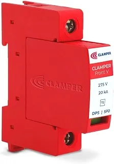 Protetor contra Raios e Surtos Elétricos CLAMPER Front V 20kA, 275V, Corrente Alternada, Classe II, para aplicação em Quadros Elétricos e de Distribuição, DIN 35 mm