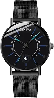 Relógio Masculino 'Geneva Greatest Hour' Minimalista Preto com Detalhes Azuis em Aço Inoxidável – Pulseira Estilo Escamas – Estilo Moderno e Elegância Versátil