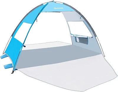 OutdoorMaster Barraca de Praia para 3 Pessoas com 2 Portas, Abrigo para Proteção Solar de Fácil Configuração, Dossel Portátil para Sombra de Praia com Proteção Uv Upf 50+, Piso Extensível com Bolsa de