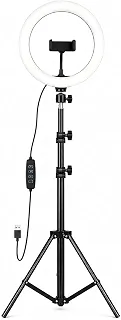 Ring Light LED 10 Polegadas com Tripé 2,10m Suporte para Celular USB 3 Temperaturas de Cor Intensidade Ajustável para Maquiagem, Lives, Fotos e Vídeos