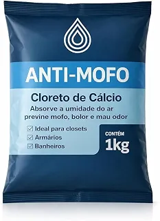 Cloreto de Cálcio Anti-Mofo 1kg |Absorve Umidade para Armários, Banheiros e Ambientes Fechados|Reduz Mofo, Bolor e Maus Odores|Alta Eficácia no Controle da Umidade (Embalagem pode sofrer alterações)