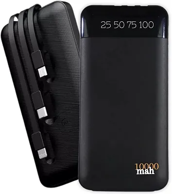 Carregador Portátil Power Bank Universal 10000mAh 3 Cabos Integrados Design Leve, Compacto e Ultra Rápido Com Entradas (Micro USB, USB-C e IOS) Led Com Indicador Bateria