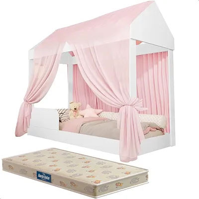 Cama Infantil com Colchão e Voal Rosa Montessoriana Crystal