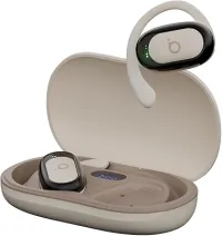 Basike Fone de Ouvido Bluetooth 5.4 Open Ear Sem Fio - OWS/TWS Áudio Hi-Fi Estéreo, 120h em Standby, Display LED, Toque Inteligente, Conforto para Uso Diário, Trabalho e Lazer – Bege Claro