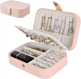 Porta Joias Portátil em Couro com Botão | Organizador Premium para Anéis, Brincos, Colares e Bijuterias | Estojo Compacto para Viagens e Uso Diário com Design Sofisticado e Prático (Rosa)