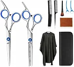 Kit Profissional Cabeleireiro e Barbeiro 11 Peças com Tesoura Reta + Tesoura Desfiadeira 6' em Aço Inoxidável + Capa Pongee + Pentes + Grampos + Estojo de Couro para Corte em Casa e Barbearia