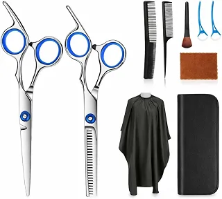 Kit Profissional Cabeleireiro e Barbeiro 11 Peças com Tesoura Reta + Tesoura Desfiadeira 6' em Aço Inoxidável + Capa Pongee + Pentes + Grampos + Estojo de Couro para Corte em Casa e Barbearia