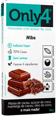 Chocolate 70% Cacau Açúcar de Coco e Nibs de Cacau Only4 80g