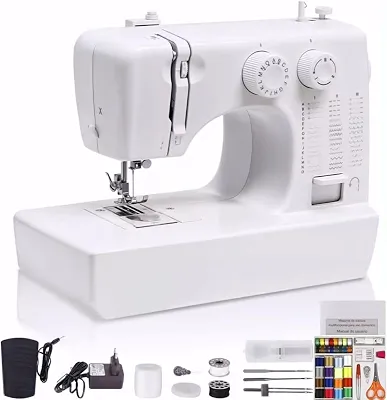 Máquina de Costura Portátil, 45 Pontos, Agulha Dupla, 350 Pontos/Min, Mesa Extensora, Bivolt 110V-220V, Branco