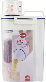 Jheppbay Pote Hermético para Armazenamento com Bico e Copo Medidor 2L - Transparente com Detalhes em Branco e Azul Escuro - 29cm Altura/15cm Largura/10cm Profundidade