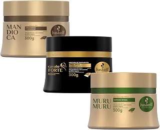 Kit Cronograma Capilar para Cabelos Ressecados Máscara Mandioca Hidratação, Cavalo Forte Reconstrução, Murumuru Nutrição
