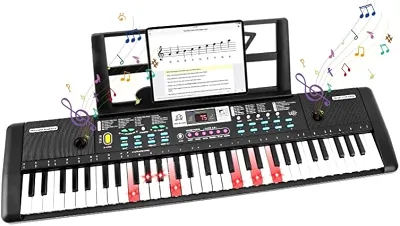 Teclado Musical Digital, 61 Teclas Iluminadas,Piano Digital para Iniciantes, modo de ensino, 200 Tons, 60 canções de demonstração, microfone, suporte musical, Bateria Recarregável