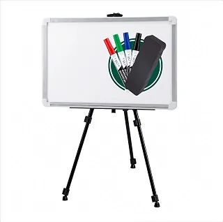 Lousa Branca Quadro Branco 100x70cm com Suporte Tripé Portátil Moldura Alumínio e Superfície UV para Apresentações Reuniões e Escritório, quatro canetas e apagador