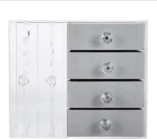 Porta Joias em Acrílico com 4 Gavetas Transparente, Organizador/Expositor de Bijuterias com Divisórias para Anéis, Brincos, Colares e Pulseiras (Cinza)
