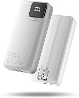 Power Bank com cabo integrado, Carregador Portátil de 20000mAh com Carga Rápida, Múltiplas Portas, Design Leve e Proteção Inteligente para Dispositivos iOS e Android/USB/Type-C/Branco(MD-12412)