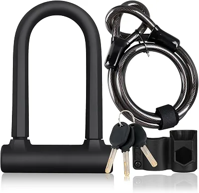 Cadeado para Bicicleta, Cadeado em U Antifurto Reforçado com Cabo de Aço de 120 cm – Arco de 17 mm com Chaves e Suporte Resistente para Bikes de Estrada, Mountain Bike, Elétricas e Dobráveis