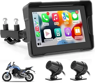 Tela Multimídia para Motocicleta com 2 Câmeras, GPS Moto com Tela 5' IPS 1080P, Espelhamento sem Fio e Controle por Voz, Multimídia Para Moto IPX5
