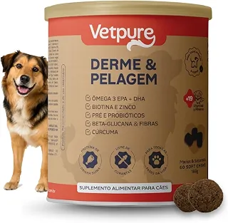 Derme e Pelagem, Suplemento Alimentar para Cães, Ômega 3 EPA + DHA, Biotina e Zinco, Pré e Probióticos, Beta-Glucana e Fibras, Cúrcuma, 60 Tabletes Mastigáveis