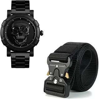 Kit Relógio Masculino Caveira 3D Preto + Cinto Tático Engate Rápido Preto