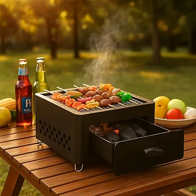 Churrasqueira Portátil À Carvão Premium Em Ferro, Com Gaveta Para Cinzas, Ventilação Lateral, Ideal Para Camping, Piqueniques E Churrasco Ao Ar Livre, Marca VARENZIA
