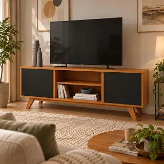 Rack Sala de Estar Turim 2 Portas e Nichos - Para TV até 50 Polegadas Pés Retrô em Madeira (Cedro/Preto)