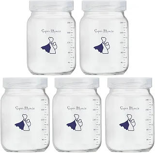 Kit com 5 Potes de Vidro para Armazenar Leite Materno 200ml Com Graduação