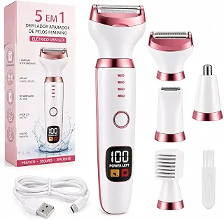 Depilador Elétrico Feminino 5 em 1 USB-C com Display LED para Corpo e Rosto