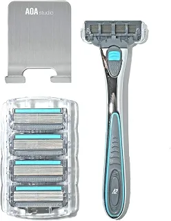 Kit de barbear masculino AOA com 6 lâminas, 7 peças, incluindo 1 alça, 5 cabeças suecas de seis lâminas, 1 gancho de chuveiro de aço inoxidável, tira lubrificante de vitamina E Aloe para um barbear