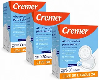 Absorvente para Seios Cremer Kit 90 Unidades Descartável Anti Vazamento com Gel Superabsorvente para Amamentação