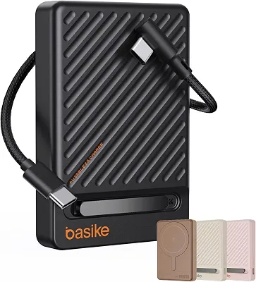 Basike, Power Bank Indução10000 mAh, Carregador Portatil Indução, Carregamento Rápido Máximo de 22,5W, Cabo USB-C Removível e Suporte Ajustável, para iPhone Série 16/15/14/13/12, AirPods (Preto)