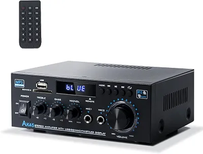 Receptor estéreo e amplificador de áudio doméstico, receptor Bluetooth AK45 para estéreo doméstico, 300Wx2, Bluetooth 5.0, 2 canais, com FM e karaokê, com entrada USB/SD/RCA/MIC/FM, com controle