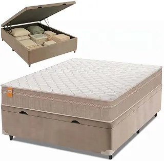 Cama Box Baú Casal Colchão Molas Qatar 138x188x63cm Bege/Branco Inducol - Suporta Até 200 Kg Por Pessoa