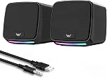 Alto-falantes RGB para PC, alimentação USB, conector de áudio de 3,5 mm, compacto, preto
